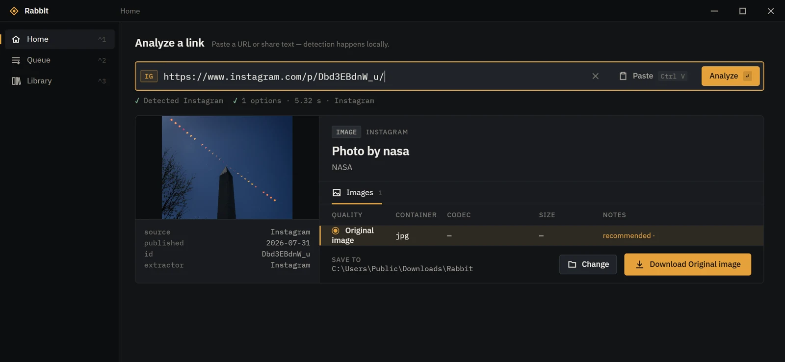 Rabbit analyzing an Instagram photo post by NASA, offering the original image as a JPEG.