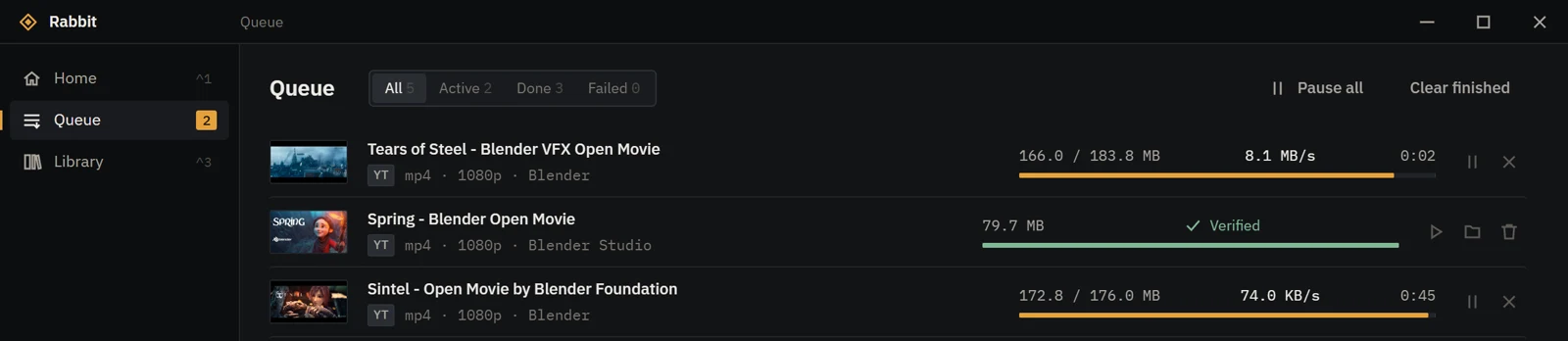 Rabbit's queue with three Blender open movies: two downloading with size, speed and time left, one finished and marked Verified.